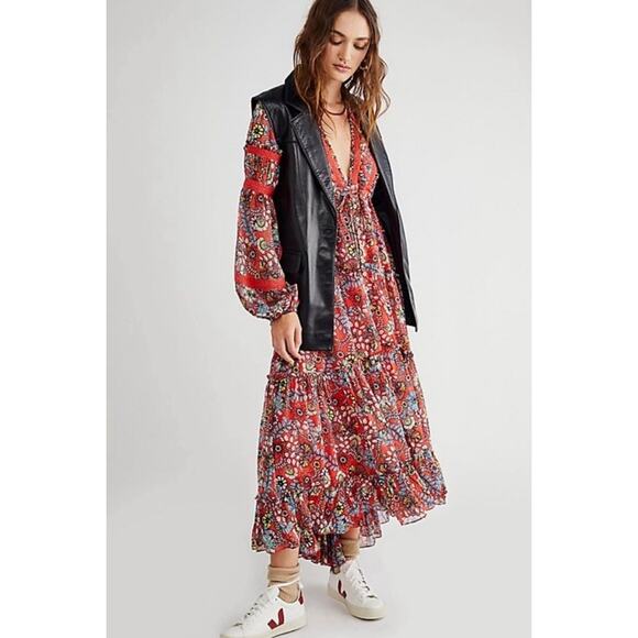 Free People Cassis Printed Chiffon Floral Maxi Dress- Cherry Combo Size S - Picture 1 of 12